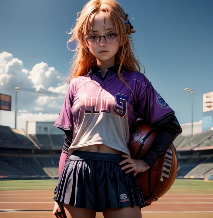 Masterpiece, 4k,8HD,artstation,13 years old teenage girl,nerd,grasses,orange tied hair,blue eyes,sport,violet american footboll uniforms,short pink,number seven,full body 