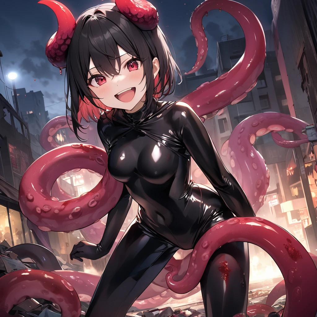 Under the light of the blood moon,In a destroyed city,Humans are fleeing。Blood-red eyes and short black hair blend with black latex pants.,The whole body is wrapped in black latex clothing., is about .,With figure。 Has purple devil horns on his head,Expose a medium bust,With a very crazy smile, He continues to destroy human cities by swinging his tentacles around.。 Grabbed some people with its tentacles,Tentacles extend into the mouth,Parasitize with tentacles,Her legs, wrapped in black latex pants, were already covered in blood.。Lori's cute face was also stained with blood.