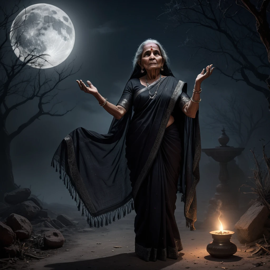 A withered old indian woman wearing black saree,  performing arcane black magic rituals under the light of a full moon, an eerie and unsettling atmosphere, dark night horror ambience, masterfully detailed, photorealistic, cinematic lighting, dramatic shadows, mystical energy, intricate textures, vivid colors