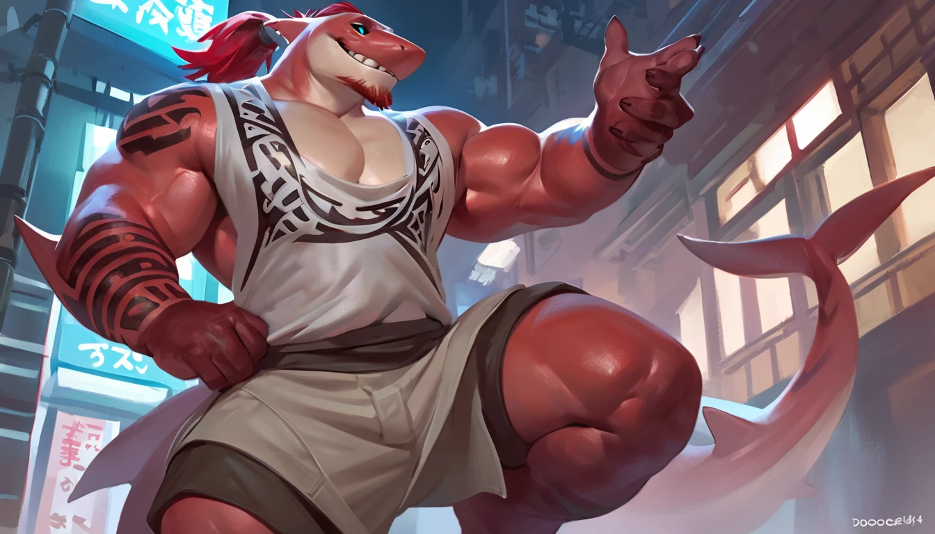 bright red colored bara shark, white countershade, red skin, strong physique, tribal tattoos, scarlet samurai hair in ponytail, cyan colored eyes, black sclera, very muscular, perfect anatomy, full body view in frame,  masterpiece, beard, strong jaw, thick thighs, giant biceps,  muscular,  amazing shading, full body, detailed hands, detailed eyes, detailed face, detailed arms,anthro,                    walking in japan, modern japanese city, modern buildings, hdr,  at night, beautiful, japanese background, japanese background, japanese text,      fully clothed, great clothes, casual clothes, great lighting, great composition,                     muscular, abs, (detailed:1.5), male, detailed background, solo,  by doooo2424, by sentryentry, by taran fiddler:0.6, by darkgem, 