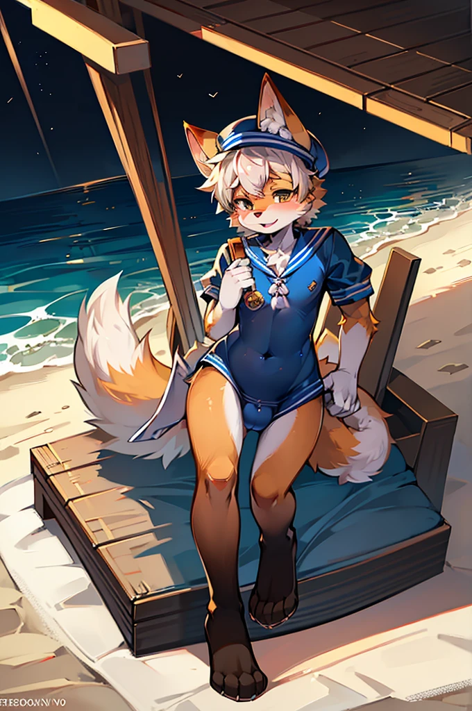 Cartoon fox wearing sailor suit and hat on the beach, Official Art, furry animal with a tail, High resolution consignment, Furry Anime, Fursona Art, High quality anime art style, Zerochan Art, Full Body Commission, very very beautiful fur art, artstation pixivでトレンド, fur art!!!, Fox's Tail, fursona fur art commission