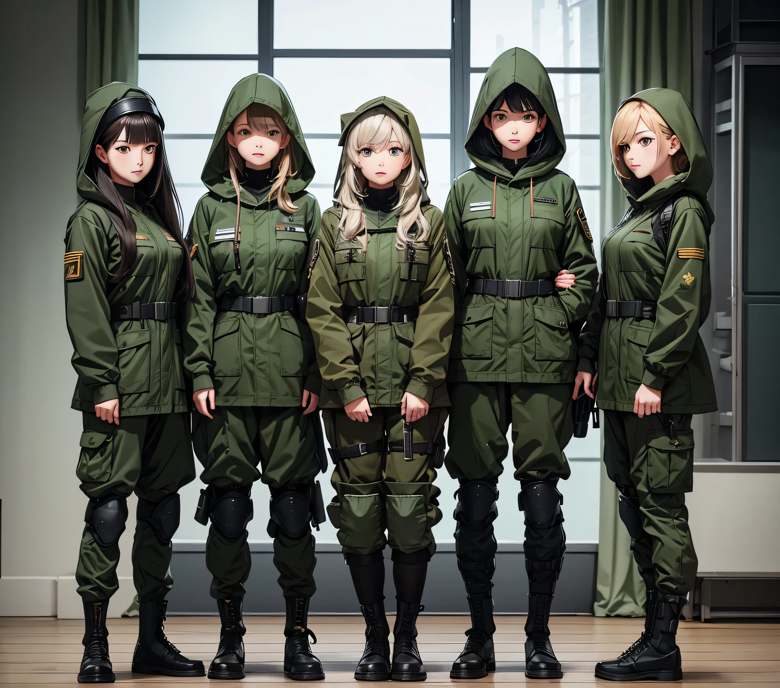 Seven-point lens、Four female soldiers standing side by side、All wear dark green M-51 hooded military uniforms、Hooded on head、Military Pants、Knee pads,Write details、masterpiece、best quality、Highly detailed CG、8K picture quality