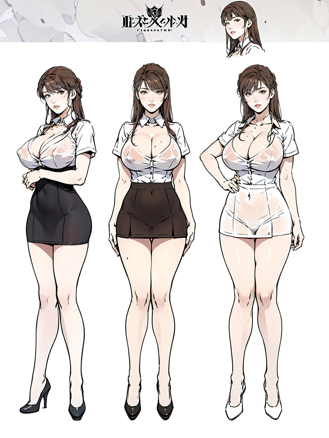 (masterpiece, Highest quality:1.2), One Girl, alone, whole body, Big Breasts,, Brown Hair,Big Breasts, Brown eyes, Mature Woman, ((Character design sheet)),((rough sketch)), blush, whole body, Brown Hair, lipstick, Gorgeous Chinese dress, White skin, (Black Stockings), ((Wear black high heels)),