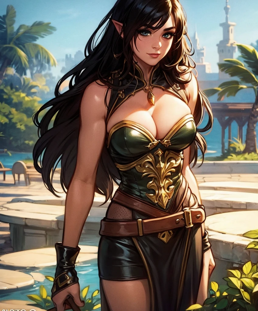 (((Single character image.))) (((1girl))) (((Dressed in medieval fantasy attire.))) (((Solo))) (((Generate a darkly sexy female character for a fantasy setting.))) (((Appears to be 20 years old with youthful looks.)))Generate a female character in a fantasy tropical setting.  She dresses in swashbuckler fashion, looks dangerous and sexy and seems like an ideal fantasy character.  best quality:1.0,hyperealistic:1.0,photorealistic:1.0,madly detailed CG unity 8k wallpaper:1.0,masterpiece:1.3,madly detailed photo:1.2, hyper-realistic lifelike texture:1.4, picture-perfect:1.0,8k, HQ,best quality:1.0, 