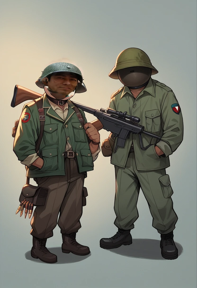 
Man wearing steel pot and chinstrap, wear cotton and nylon jacket OG- 107 , OG-107 6-pocket pants, jacket with 4 pockets and button closure, He has black leather jungle boots, rubber sole and laces, The man carries and has Canteen Dressed with Belt, schoolbag, By the way, bayonet,Grenades,ammunition, rifle, dressed as a war soldier, of them intricate, photo taken in the jungle of vietnam, jungle scene,, both dressed in green jackets, real photo, no photo errors, Masterpiece, wide collar, 