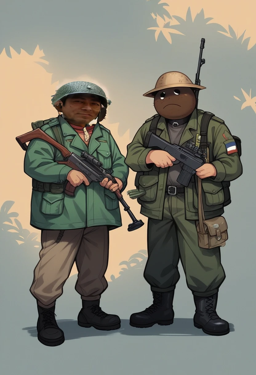 
Man wearing steel pot and chinstrap, wear cotton and nylon jacket OG- 107 , OG-107 6-pocket pants, jacket with 4 pockets and button closure, He has black leather jungle boots, rubber sole and laces, The man carries and has Canteen Dressed with Belt, schoolbag, By the way, bayonet,Grenades,ammunition, rifle, dressed as a war soldier, of them intricate, photo taken in the jungle of vietnam, jungle scene,, both dressed in green jackets, real photo, no photo errors, Masterpiece, wide collar, 