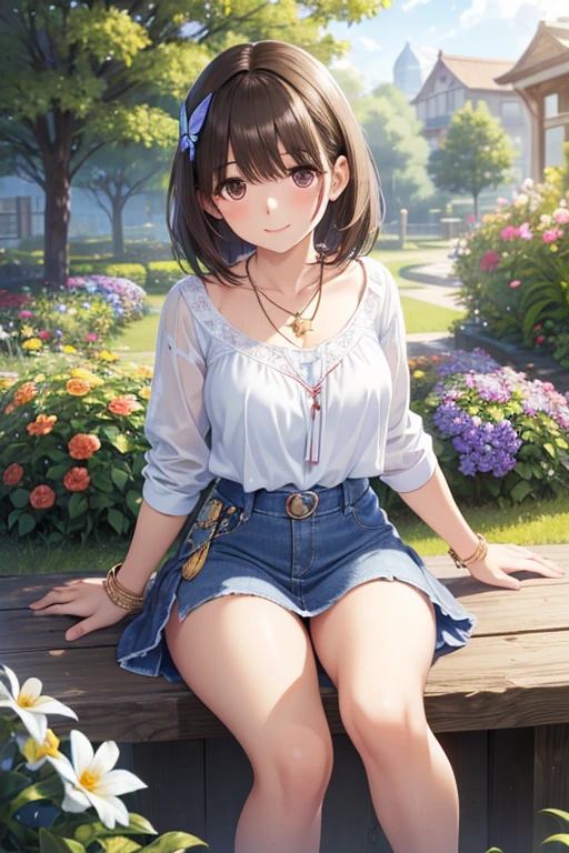 anegasaki nene、Shiny brown hair, short hair, (Beautiful brown eyes、Sparkling eyes, Fine grain)、smile、Ultra-detailed eyes、Highly detailed face, Highly detailed eyes,Cowboy Shot、



masterpiece、Highest quality、High resolution、High-quality images、
CG, Unity, 8K, wallpaper, (masterpiece), (Highest quality),(One girl:1.3),Best lighting, Complex pupil, Complex weaving, Detailed Background, garden, evening, sunny, Upper Body, from the front, smile, thin, Smooth Skin,(((White blouse, Denim mini skirt, Sandals, necklace))) , (flower, butterfly, Sunbeam),