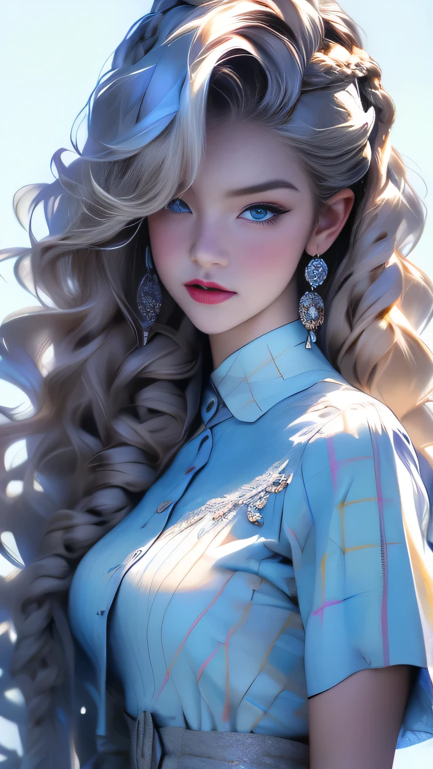 (Surreal), (picture), (High resolution), (In 8K), (Very detailed), (Best Illustration Photos), (Beautiful and fine details), (Highest quality), (Ultra-detailed), (masterpiece), (wallpaper), (Detailed face), solo, One Girl, White Wavy Hair, Korean Beauty, iridescent heterochromatic eyes, loose fitting blue and yellow checked shirt, (Blue and yellow checked maid outfit), Long legs, Toned Abs, stockings、((Curly hair in braids、good１))、