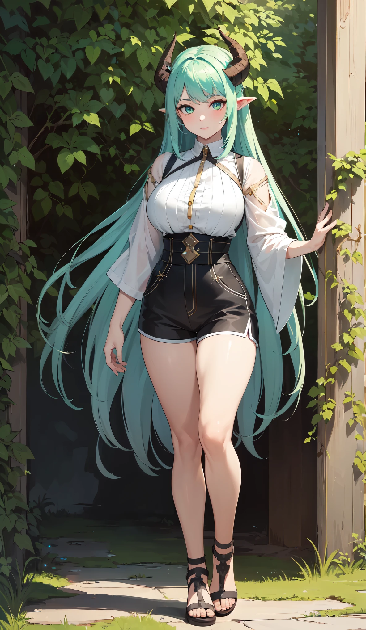 (Best Quality,Unparalleled Masterpiece:1.4),Ultra-Detailed CG 4K,(Ultra-Detailed Clear Absurdly-Vivid Mint Big Eyes:1.2),yellow medieval summer girl, concept, vines on the hand and horns from vines, full length, full body, magic hunter, shorts white, sfw