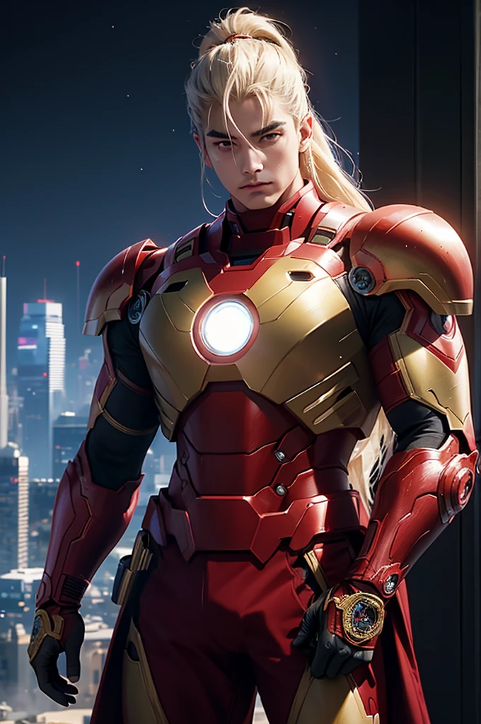 Jiraiya from Naruto, wearing the iconic Iron Man suit. He stands confidently atop a towering skyscraper, with a magnificent cityscape and a star-filled night sky in the background. His long white hair flows slightly in the wind, and his sharp eyes, filled with determination and spirit, radiate confidence. His suit, consisting of advanced metal armor in striking red and gold colors, looks strong and accentuates his figure as an elegant superhero. Jiraiya's right hand grips the Iron Man helmet, ready to fight his enemies. His face exudes courage and resolve, prepared for any adventure that comes his way. The combination of his extraordinary physical strength and ninja abilities with Iron Man's advanced technology makes him a symbol of freedom and adventure. Graduation Mode, anime-style animation mixed with traditional European art in a modern cyberpunk fantasy world. Cinematic lighting, ethereal light, intricate detail, very detailed, colorful, complex detail, hypermaximalist, extremely detailed and intricate, with rich colors. Masterpiece, highest quality, aerial view, HDR, UHD, unreal engine. Looking at the camera, sparkling jewelry, acrylic illustration by Artgerm, Kawacy, and John Singer Sargent, magnificent cityscape background, sparkling jewelry, representative, fair skin, handsome face, rich in high-quality detail, beautiful, glamorous, 8k, super detailed, stunning light and shadow, intricate decorations, highly detailed lines.
