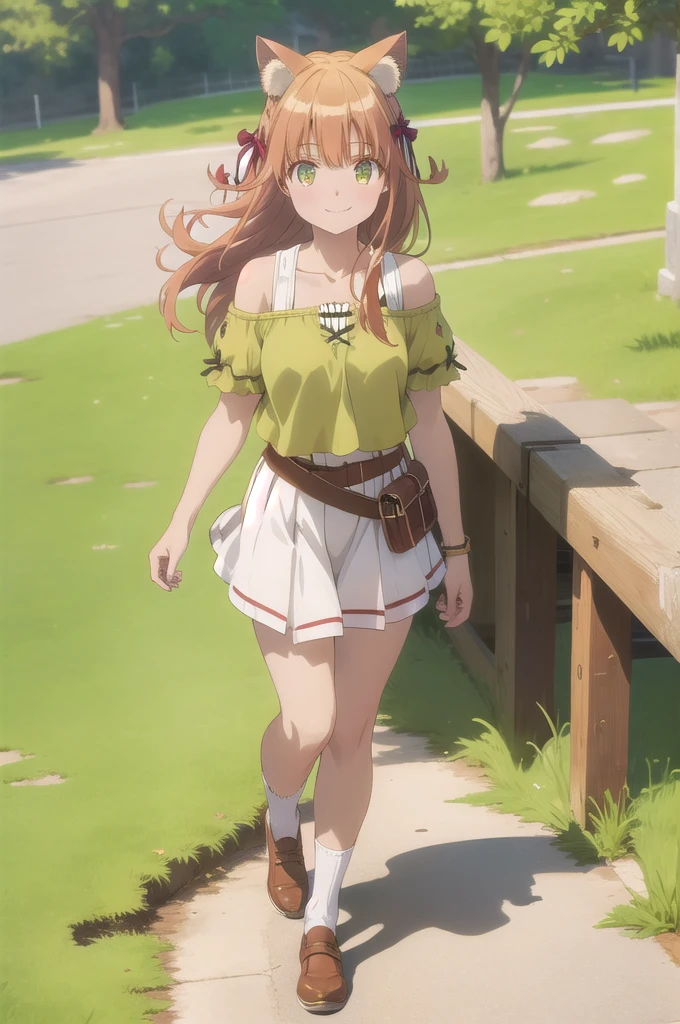 (masterpiece:1.3), (absurdres:1.3), (best quality:1.3), (ultra-detailed:1.3), full body, looking at viewer, smile, outdoors, kanade-fi, kanade-fi, bare shoulders, green shirt, short sleeves, white skirt, cat tail, brown belt, black shoe,