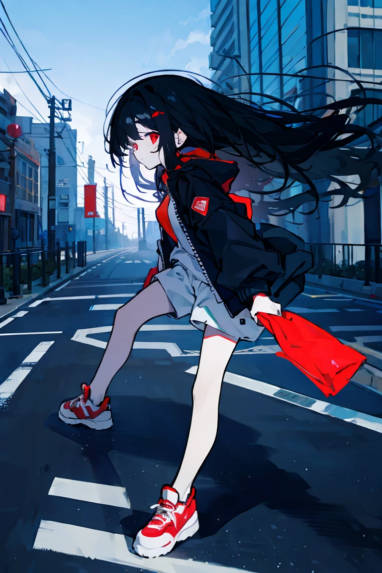 Girl Long curly black hair Red eyes Black jacket White shorts Sneakers City