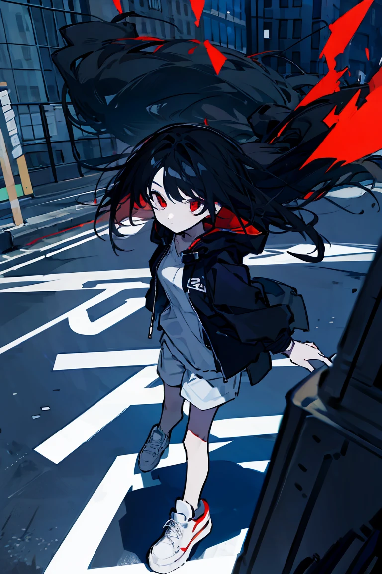 Girl Long curly black hair Red eyes Black jacket White shorts Sneakers City