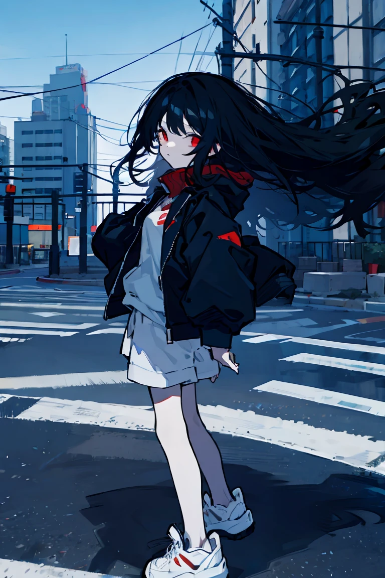 Girl Long curly black hair Red eyes Black jacket White shorts Sneakers City