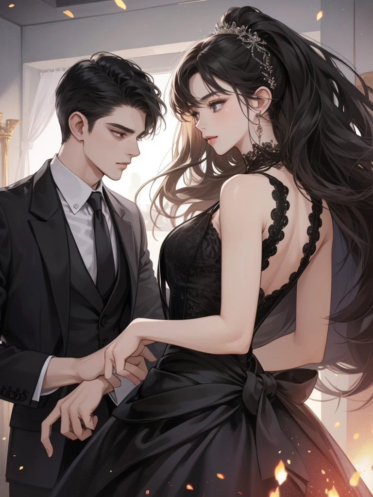 Couple, 1 girl, 1 boy, romantic, evening gown, black dress, handsome face, romantic, extreme details, digital art, 8K, Ultra HD,