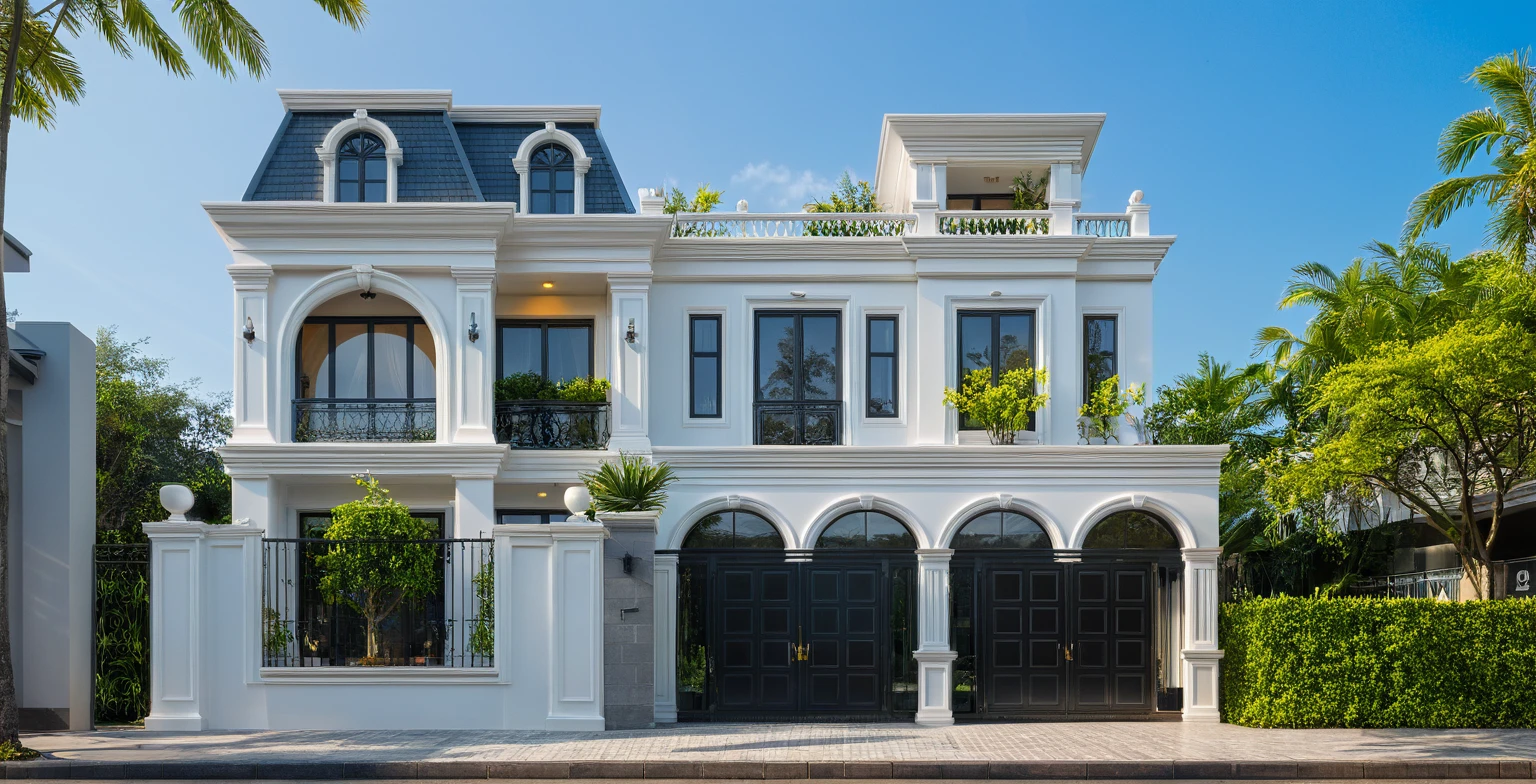 neo classical villa on street, (daylight), tropical tree, vivid colour, streetcapes, white tone, nice detail, Hitech call, large glass door, warm interior lighting, best quality, masterpiece, ultra realistic