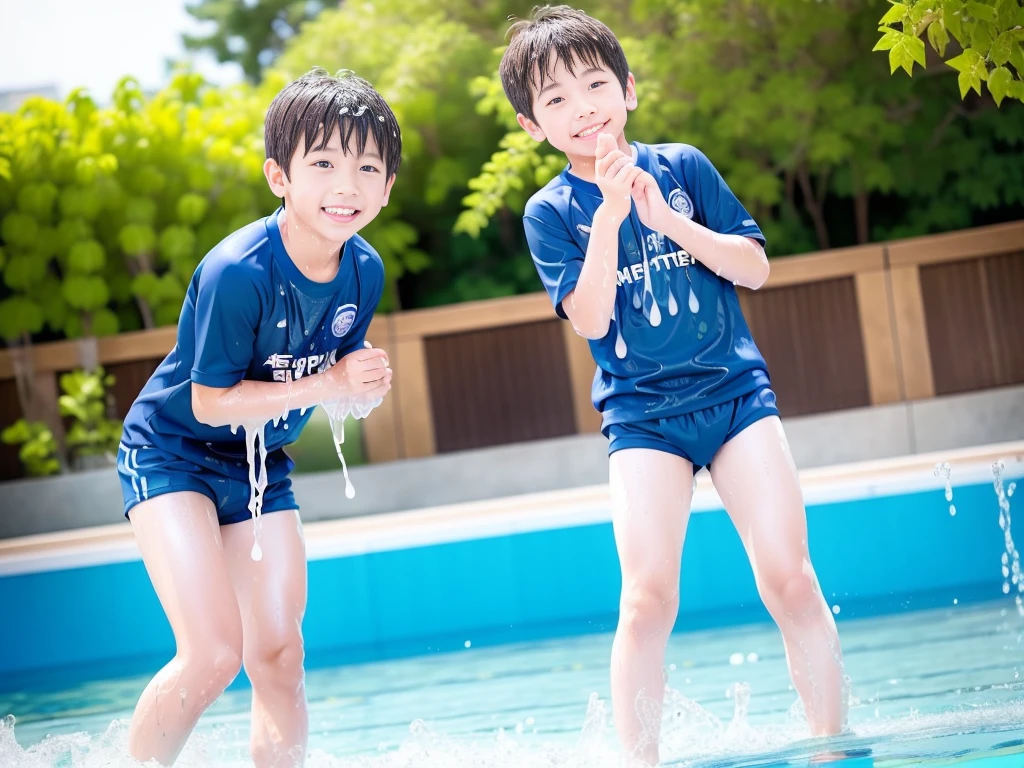 hot summer、、Summer swimming pool、Have fun、Get wet all over、Japan Boy、Glowing water splashes、Pool lessons、Boy playing in water、The happy boys、Strong sunlight、Short sleeve gym uniform、Blue shorts、barefoot，Boys only 、１０age、high resolution、masterpiece