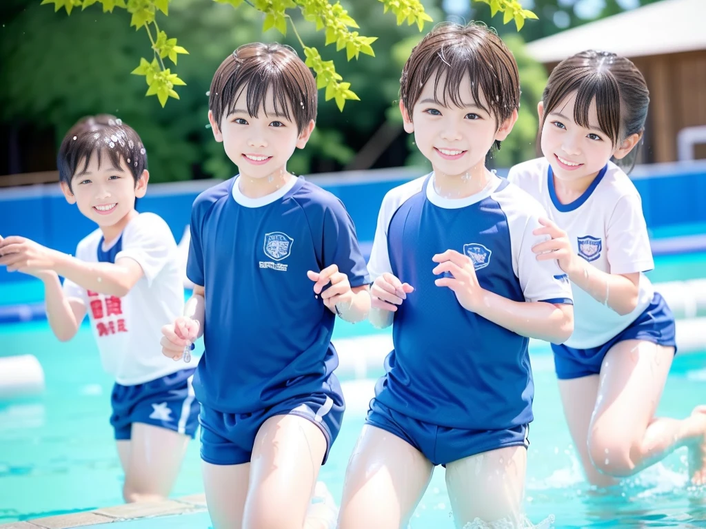 hot summer、、Summer swimming pool、Have fun、Get wet all over、Japan Boy、Glowing water splashes、Pool lessons、Boy playing in water、The happy boys、Strong sunlight、Short sleeve gym uniform、Blue shorts、barefoot,Boys only 、10age、high resolution、masterpiece