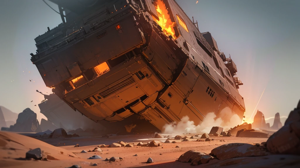 a crashed spaceship on the surface of Mars, the ship on fire, top-down view, RPG scene, cinematic lighting, highly detailed, photorealistic, dynamic composition, dramatic angles, volumetric lighting, realistic textures, intricate mechanical components, glowing embers, billowing smoke, scorched terrain, rocky Martian landscape, atmospheric haze, dramatic shadows, cinematic camera angle, ultra-detailed, award-winning CGI, 8K resolution, photorealistic lighting, physically-based rendering