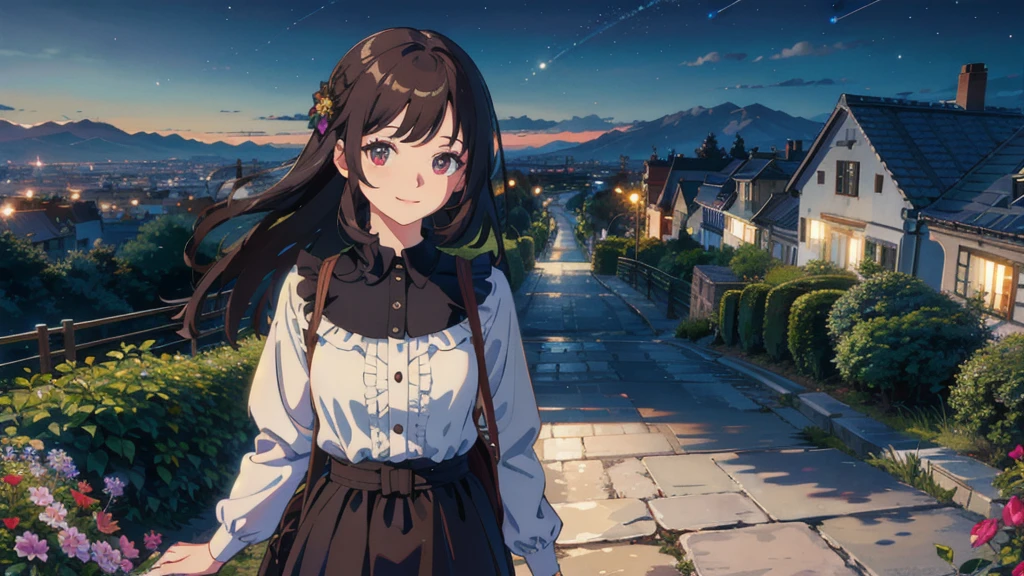 masterpiece,Highest quality,One Girl,The hair color is brown, Eye color: black, smile,countryside,Cityscape,night景,Flowers and plants,scenery,night,Light Perception,soft,