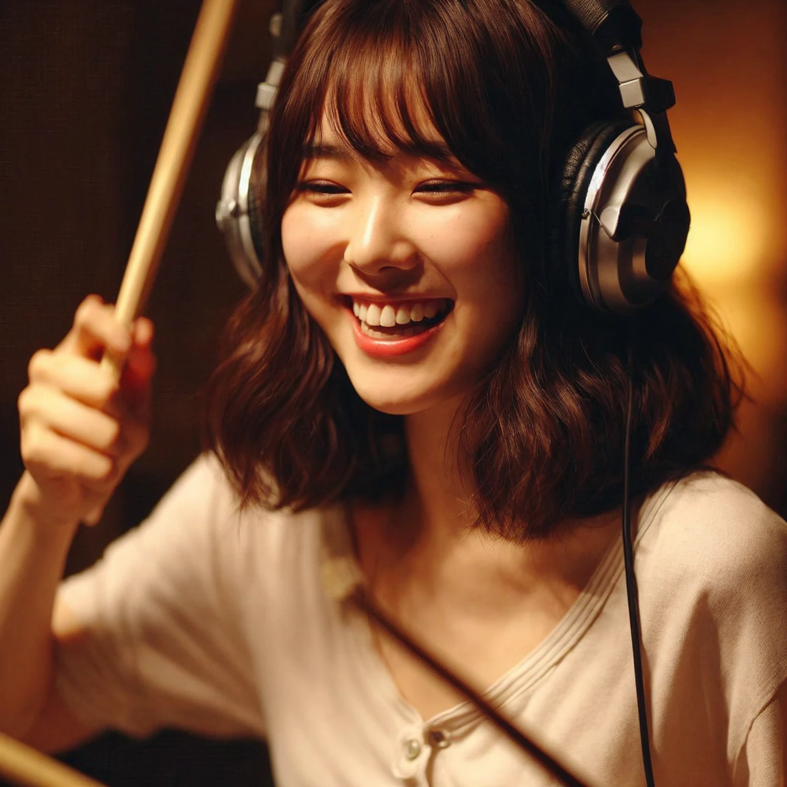 a young korean woman playing drum in a recording studio. She is wearing large headphones. she has a joyful expression on her face, medium chest, wavy bob hair, fully immersed in the music. conveying the emotion and intensity of her performance. The background is dimly lit, focusing the attention on her. Describe the atmosphere, the emotions