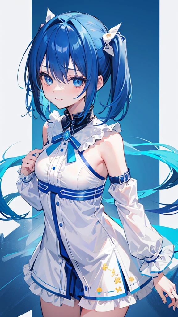 Cowboy Shot, Twin tails, Revealing clothing, Blue Theme, otoko no ko,, ultra detailed, masterpiece, Highest quality, beautiful, detailed,, ultra detailed, masterpiece, Highest quality, alone, smile, One girl, Blue Eyes, short hair, Blue Hair, bangs, Hair between the eyes, Messy Hair,
information