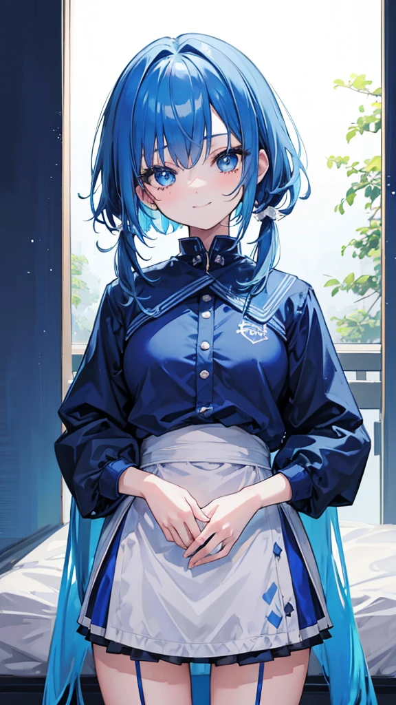 Cowboy Shot, Twin tails, Revealing clothing, Blue Theme, otoko no ko,, ultra detailed, masterpiece, Highest quality, beautiful, detailed,, ultra detailed, masterpiece, Highest quality, alone, smile, One girl, Blue Eyes, short hair, Blue Hair, bangs, Hair between the eyes, Messy Hair,
information