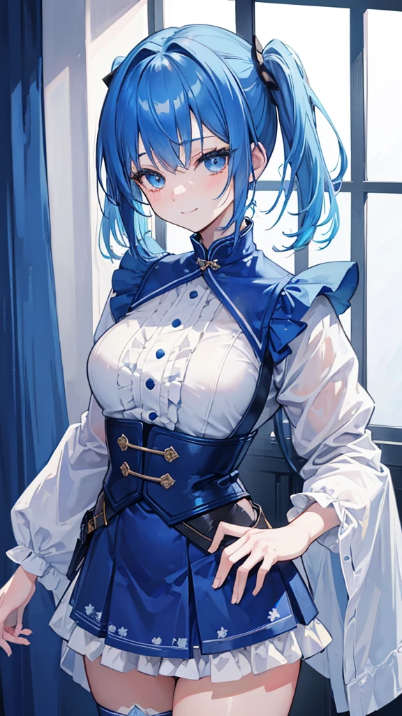 Cowboy Shot, Twin tails, Revealing clothing, Blue Theme, otoko no ko,, ultra detailed, masterpiece, Highest quality, beautiful, detailed,, ultra detailed, masterpiece, Highest quality, alone, smile, One girl, Blue Eyes, short hair, Blue Hair, bangs, Hair between the eyes, Messy Hair,
information