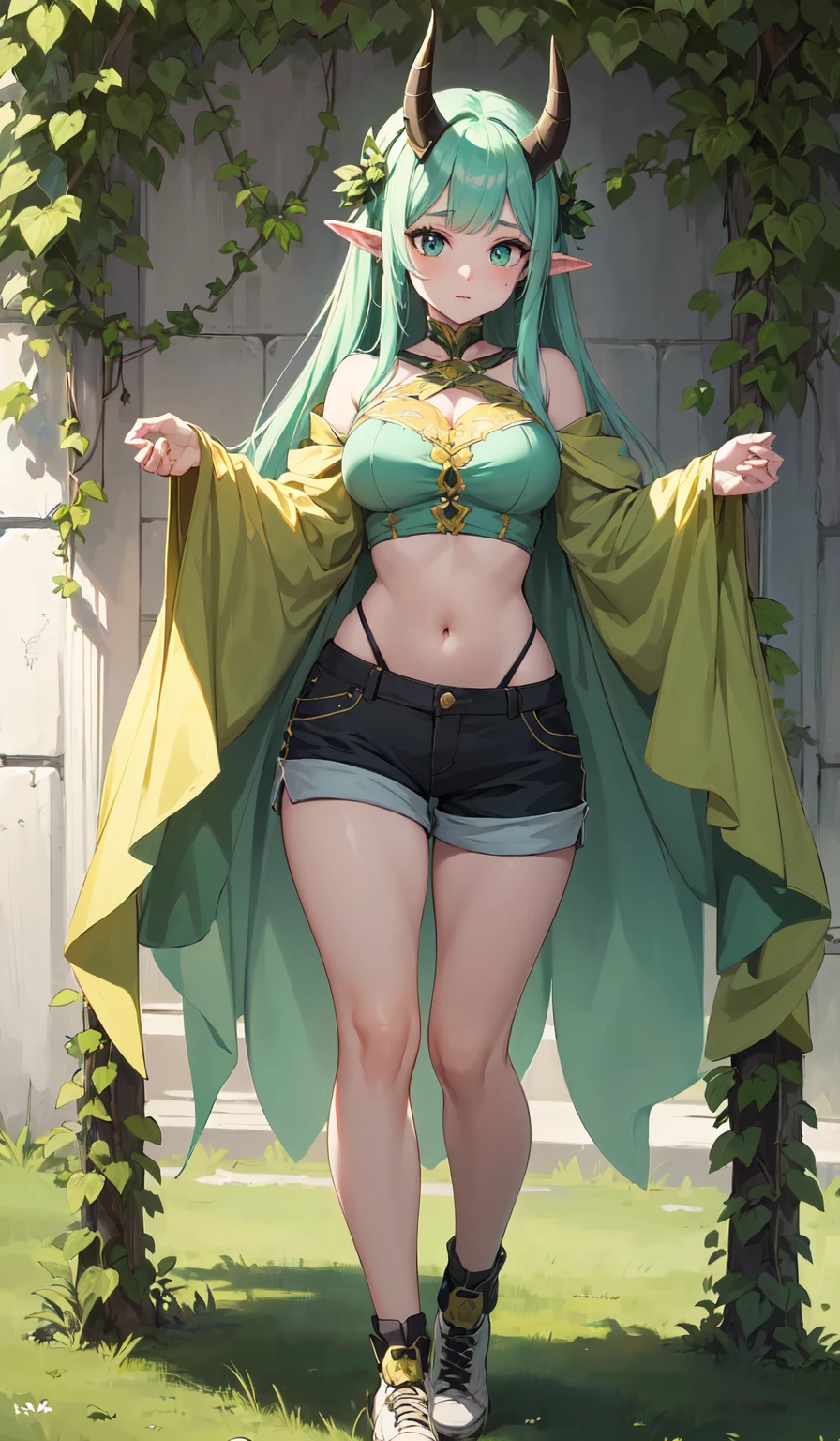 (Best Quality,Unparalleled Masterpiece:1.4),Ultra-Detailed CG 4K,(Ultra-Detailed Clear Absurdly-Vivid Mint Big Eyes:1.2), yellow fantasy girl, concept, fantasy vines on the hand and horns from vines, full length, full body, magic hunter, shorts white, sfw