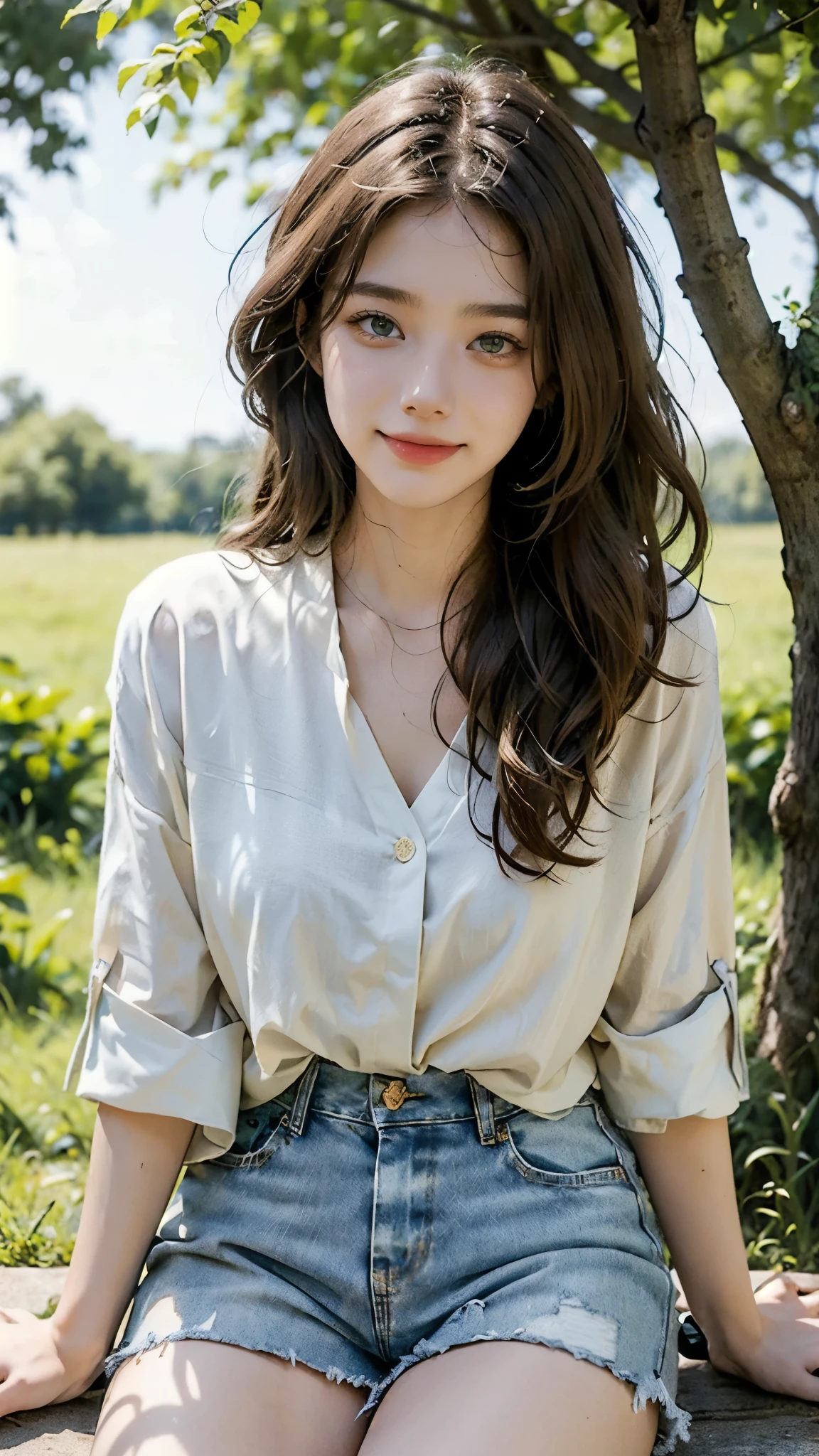 masterpiece, best quality, ultra-detailed), portrait of an 18-year-old woman with light brown hair, curled green eyes, beige blouse and blue jeans smiling blue shorts sung from under a tree (leaning against the tree) and reading a brown book -auto utra realistic --  