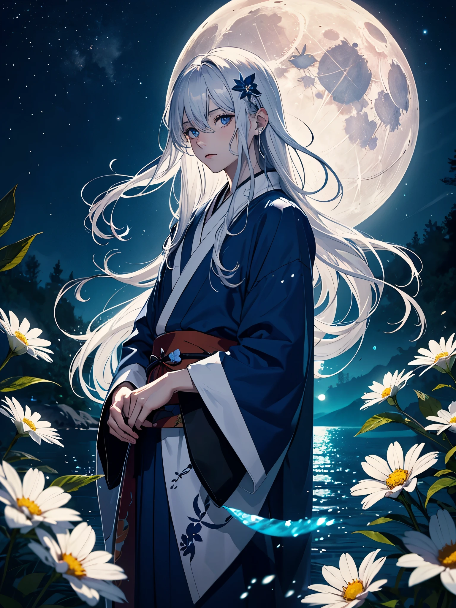 Kimono. Geweih. Lichter. Magisch. King of the moon. Long hair. long white hair. aquatic, boy,  silver hair accessories, White hair, blue flowers. Blue lights. Vollmond. Geweih. Kimono 