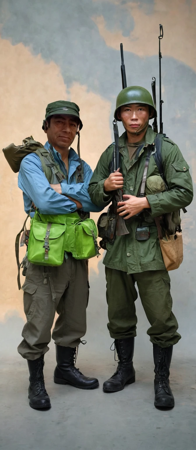 Man wearing steel pot and chinstrap, wear cotton and nylon jacket OG- 107 , OG-107 6-pocket pants, jacket with 4 pockets and button closure, He has black leather jungle boots, rubber sole and laces, The man carries and has Canteen Dressed with Belt, schoolbag, By the way, bayonet,Grenades,ammunition, rifle, dressed as a war soldier, of them intricate, photo taken in the jungle of vietnam, jungle scene,, both dressed in green jackets, real photo, no photo errors, Masterpiece, thick build men,