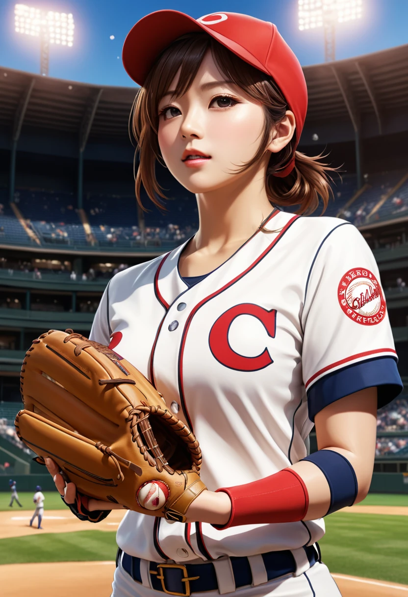 Female Baseball Playeratch highlights:1.4)、Baseball Gloves、Baseball、dynamic、Full body close-up shot、Dynamic Scene、high detail shot, 非常にdetailedな公式アートワーク, 8Kdetailed, (detailed、masterpiece、Highest quality)、