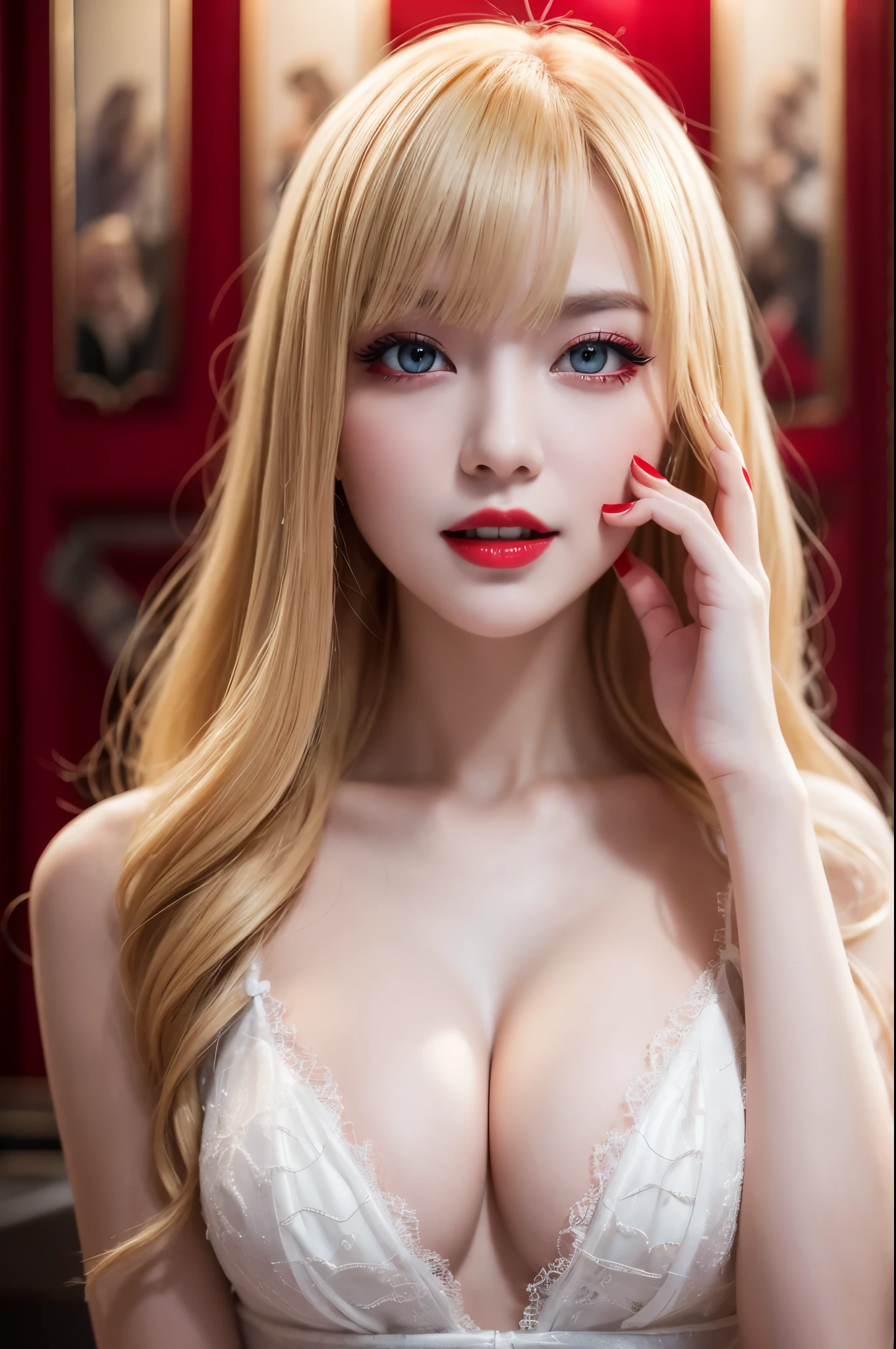 8K、Photorealistic RAW photos of the highest quality。so beautiful(A vivid face) Bright colors、Image of a perfect adult woman、Laughter、Art Station Trends、masterpiece、8K resolution、Fantasy art、Ultra-high resolution,,Mr..々Pause,charm,sexy,Rich colors, Backlight, Cinema Lighting, Film Grain, to be born, 50mm lens, Nikon D850,Vampire Queen,Glowing red eyes,White skin,Ultra-Realistic Skin,Luxurious red dress,Red lipstick,Red nails,Inside the Labyrinth,Vampire Fangs,sexyな外装,blonde,Adult women,