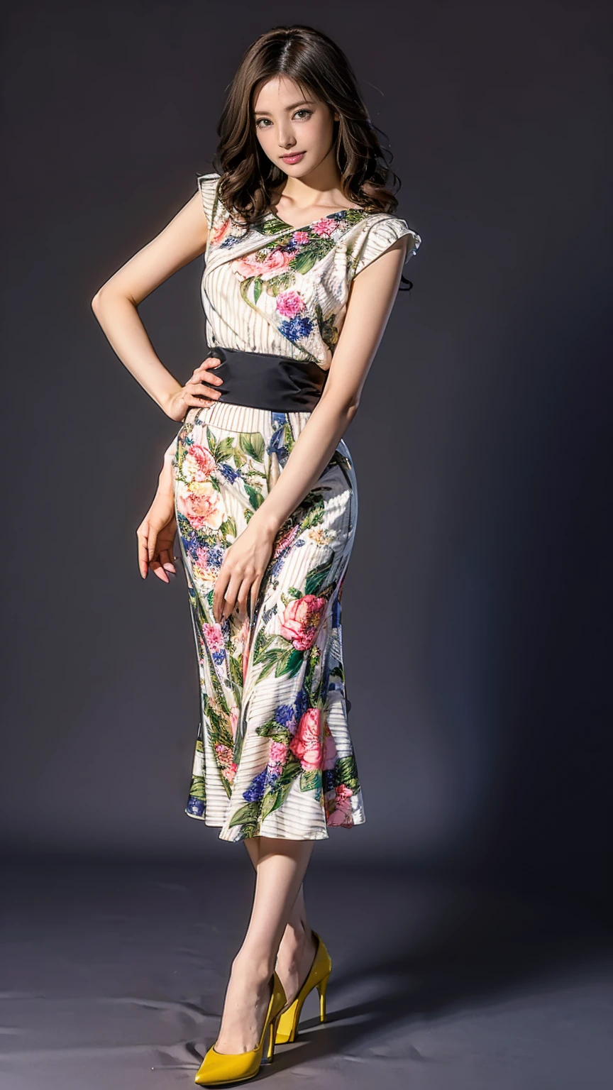((masterpiece)),(((Highest quality))),Thin thighs,Long legs,whole body:1.5,(One Girl:1.3),(Black high heels:1.3),(Wearing a floral striped mid-long flared skirt dress:1.2),Short blonde hair:1.2、Model pose with legs spread wide:1.5,Bright expression:1.5