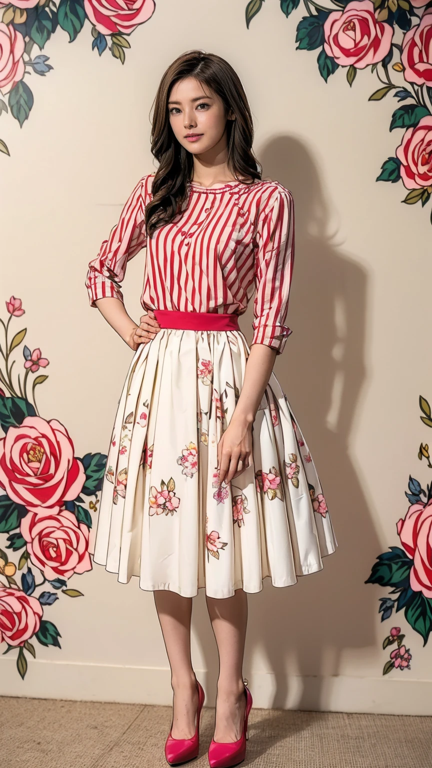 ((masterpiece)),(((Highest quality))),Thin thighs,Long legs,whole body:1.5,(One Girl:1.3),(Black high heels:1.3),(Wearing a floral striped mid-long flared skirt dress:1.2),Curly blonde hair:1.2、Model pose standing with legs apart:1.5,Bright expression:1.5