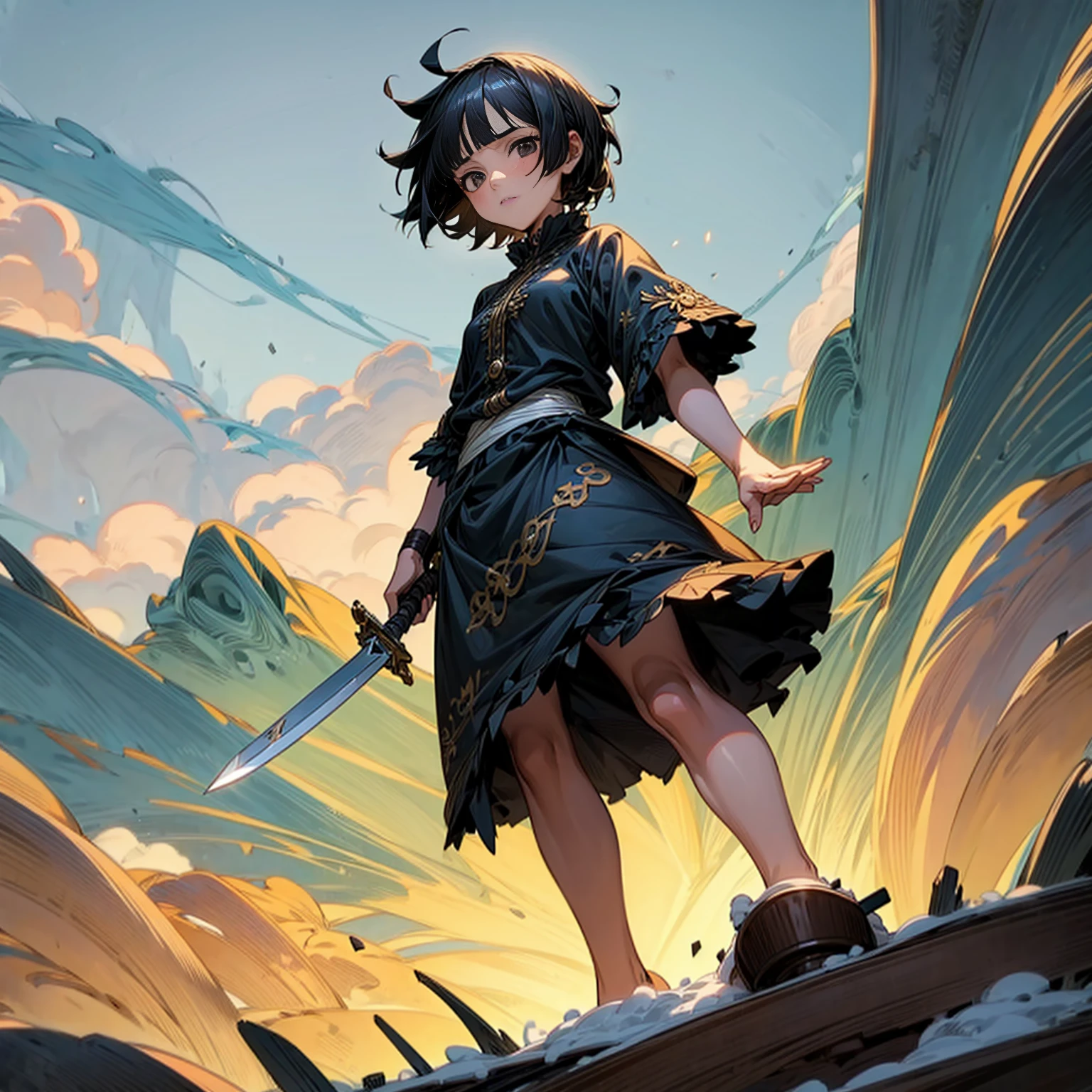 1girl, Full body version, 1character, girl version, black eyes color, short haircut, black colour hair, Ancient Roman style clothing, long skirt, Grassroots, background in snow town, motion blur, (one piece style art), snow, knife in hand, high angle view