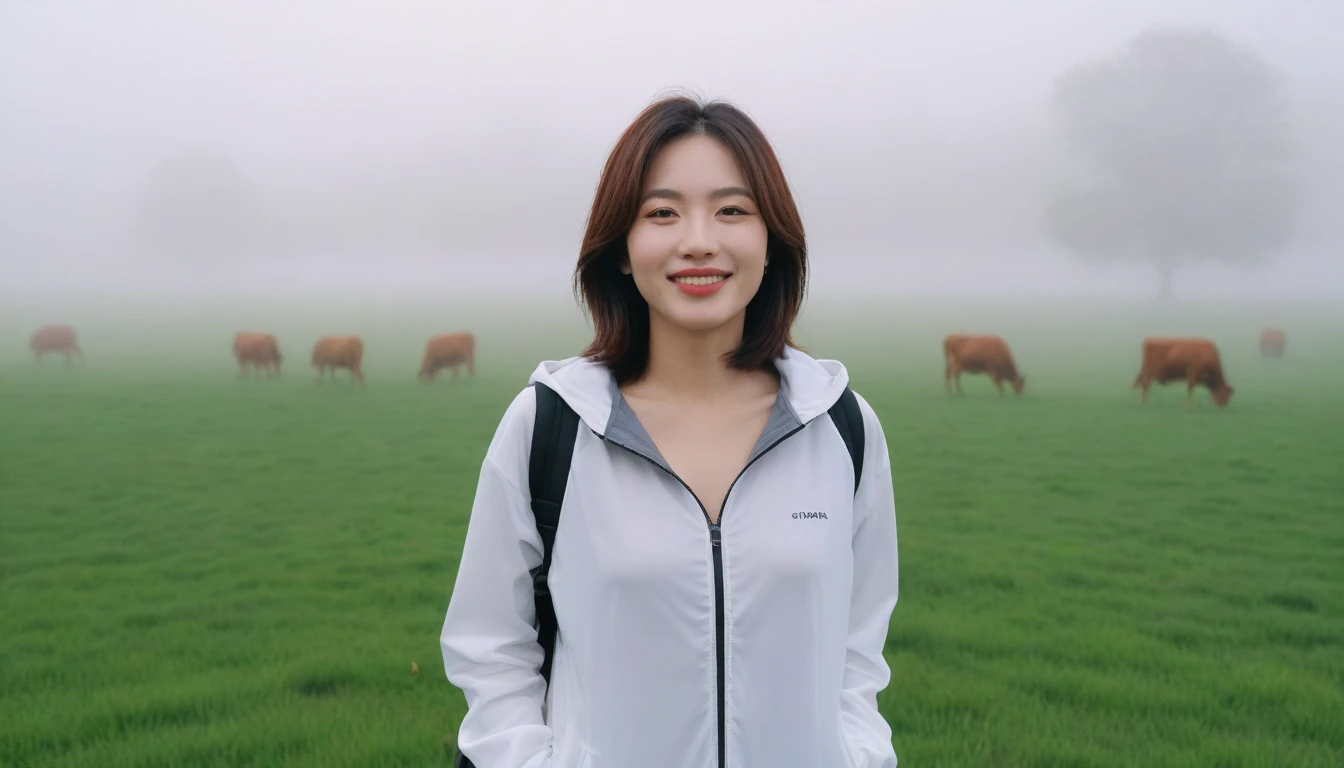 beautiful scenery, 8K Top Quality, Vivid picture quality, 1 woman, Beautiful 36-year-old Korean woman, Chest size 34 inches, Model-level beautiful woman, Smile. Napa Valley, California, USA, dawn, green meadow in the fog far away, Cows graze on a pasture in thick fog. The background is realistic and vivid quality.., short medium bob hair, White t-shirt that goes up to the neck , High-end luxury brand windbreaker jacket, casual pants, Perfect and realistic photos, The background is realistic.. Full body shot with Canon camera 16-35 wide angle lens,