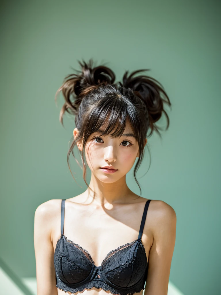 (masterpiece), (highest quality), (Super detailed), (messy hair), (shape), (one japanese girl), (frill bra), Are standing, Fashion Model, (interview), (simple cyaan background), fine and beautiful eyes, delicate beautiful face, floating, (high color saturation), focus on face, ponytail, black hair, bangs,floating Hairs, (shining), best writing, best shadow,stylish living room