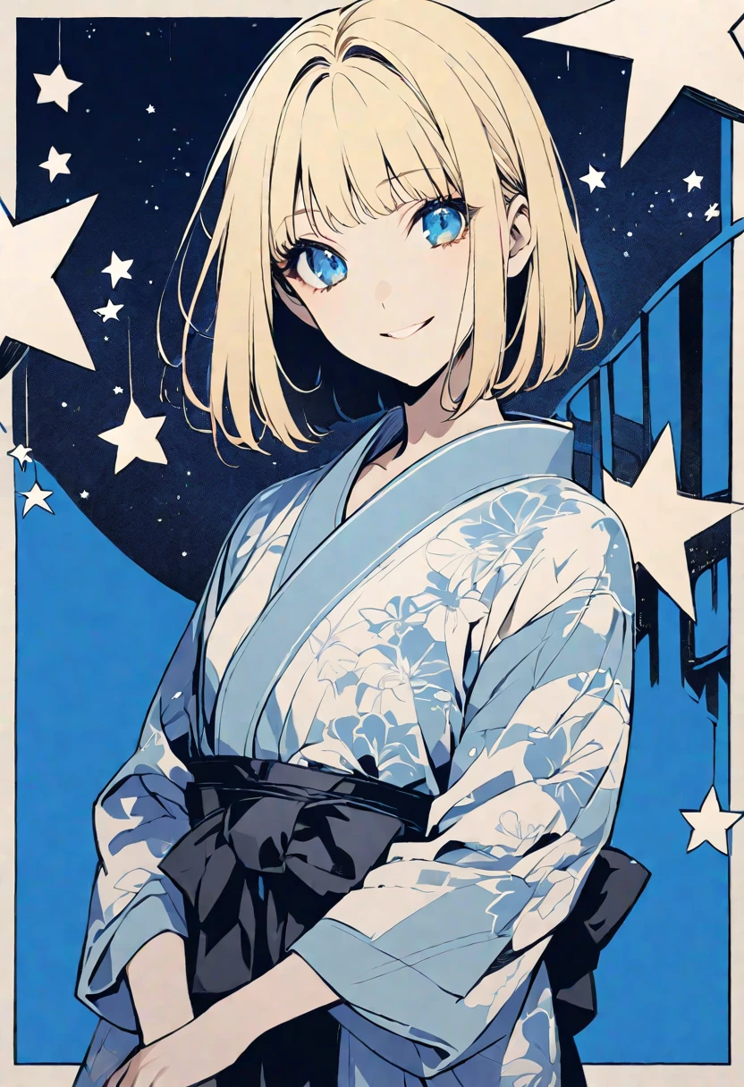 solo,handsome, monotone,
1. Female,
,Straight Hair,Bob Hair, Bob, blonde hair, 
Kazuka Nakano ,
blue eyes,Soft look,beautiful,beautiful,Lolita,Darkness,
smile,skin, yukata,
 ,Star,night sky,
simple background ,
Blue background,