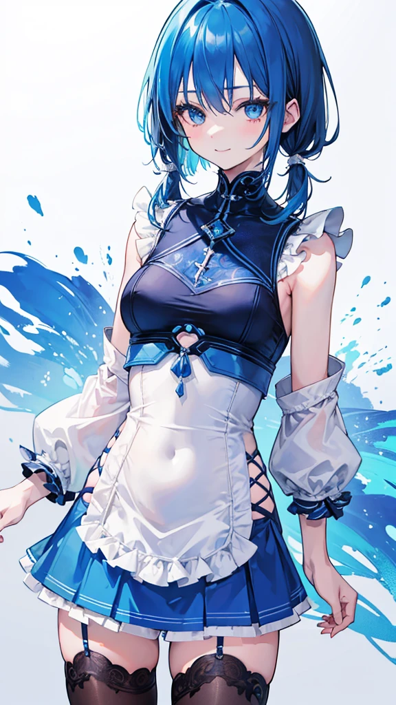 Cowboy Shot, Twin tails, Revealing clothing, Blue Theme, otoko no ko,, ultra detailed, masterpiece, Highest quality, beautiful, detailed,, ultra detailed, masterpiece, Highest quality, alone, smile, One girl, Blue Eyes, short hair, Blue Hair, bangs, Hair between the eyes, Messy Hair,
information