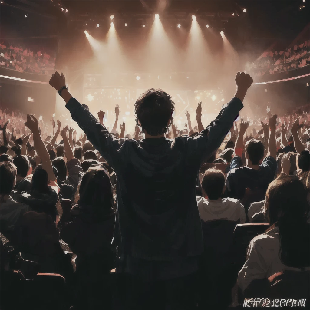 Arabed picture of a man raising his hands in front of a crowd, Cheering crowd, Crowd cheering, crowd cheers him, enthusiastic crowd, concert, Cheering crowds, Crowd cheering, rock concert, Photo taken in 2 0 2 0, in front of a large crowd, strong atmosphere, audience, facing to audience, concert photo, live concert