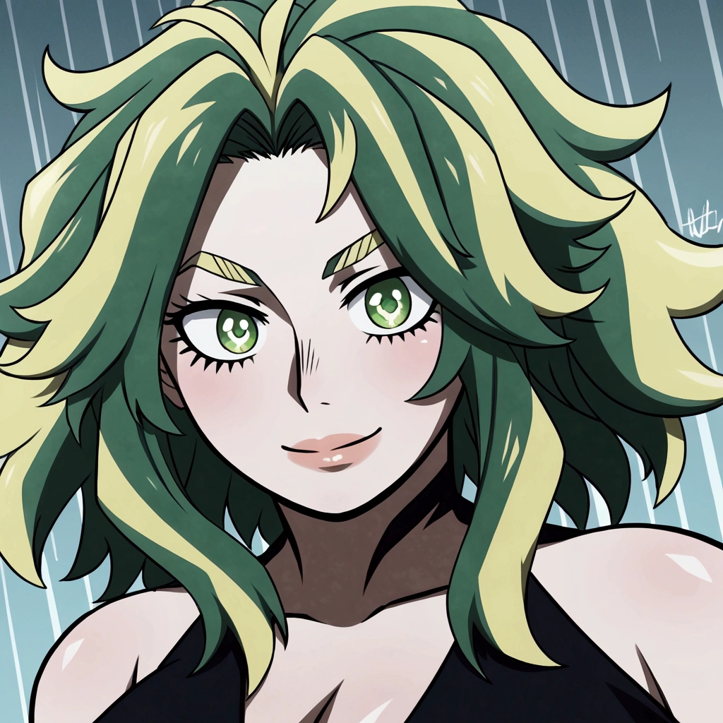 lady nagabt of mha, MHA anime style, strong green-haired woman with vivid color, green hair with lime green parts, messy and unusual hair, short eyebrow, green neon suit hero, cabelo com dark and light strands, dark and light strands, olhar fofo, soft lips, ssmile, dark and light strands, beautiful lighting. Lime eye, cute Smile , big hair, Dark suit, black suit, black suit, black suit.