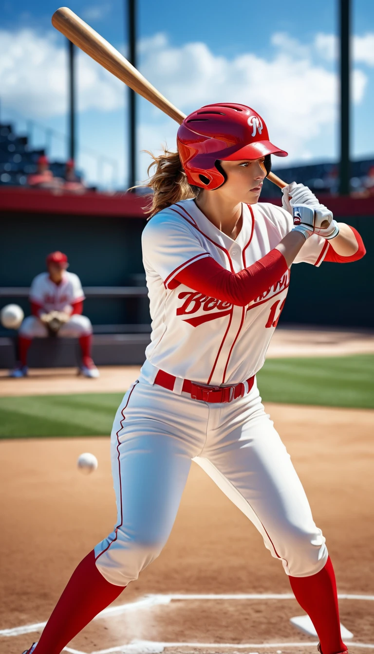 full body shot, a female baseball player hitting a home run, detailed realistic portrait, ultra-detailed, hyper realistic, photorealistic, 8k, extremely detailed, detailed eyes, detailed facial features, beautiful detailed face, athletic body, baseball uniform, batting in baseball field, action pose, dynamic motion, dramatic lighting, vibrant colors