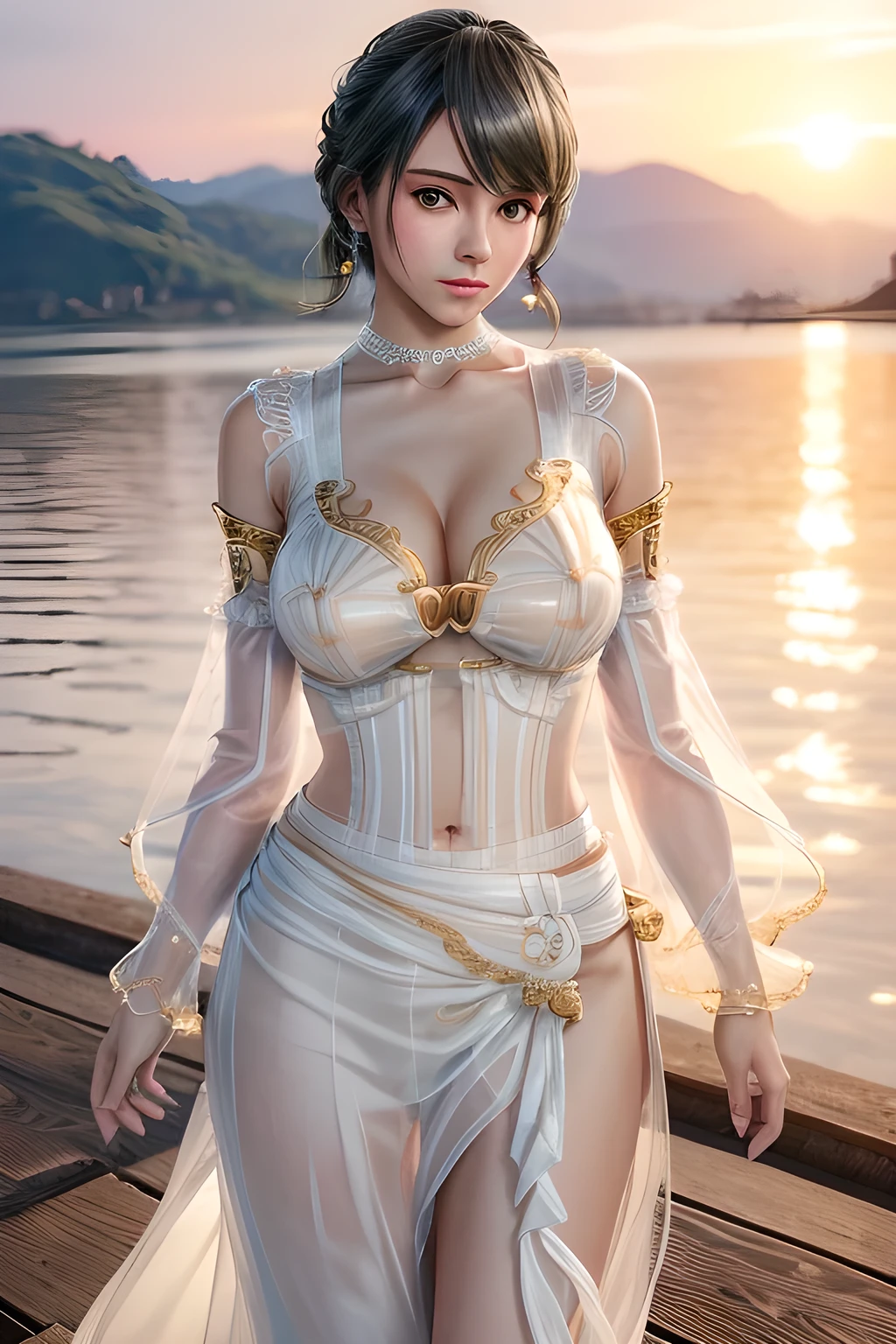 1girl,Tamaki,At sunset, the warm sunlight adds a golden hue to the scene. Wearing a flowing (white dress with transparent sleeves and a cinched waist: 1.4), blown by the breeze, and wearing earrings, she stands on the dock and looks at the sunset in the distance. The water is calm, with soft ripples, and the outline of the distant coastline can be vaguely seen in the background.(fashionable_Tattoos),(huge breasts),collarbone, cleavage,updo,Detailed Hair,(Tattoos),(masterpiece:1.5),( best quality:1.4), ultra-detailed,(((realisetic))),8K,{ (photorealistic:1.37),movie soft light,