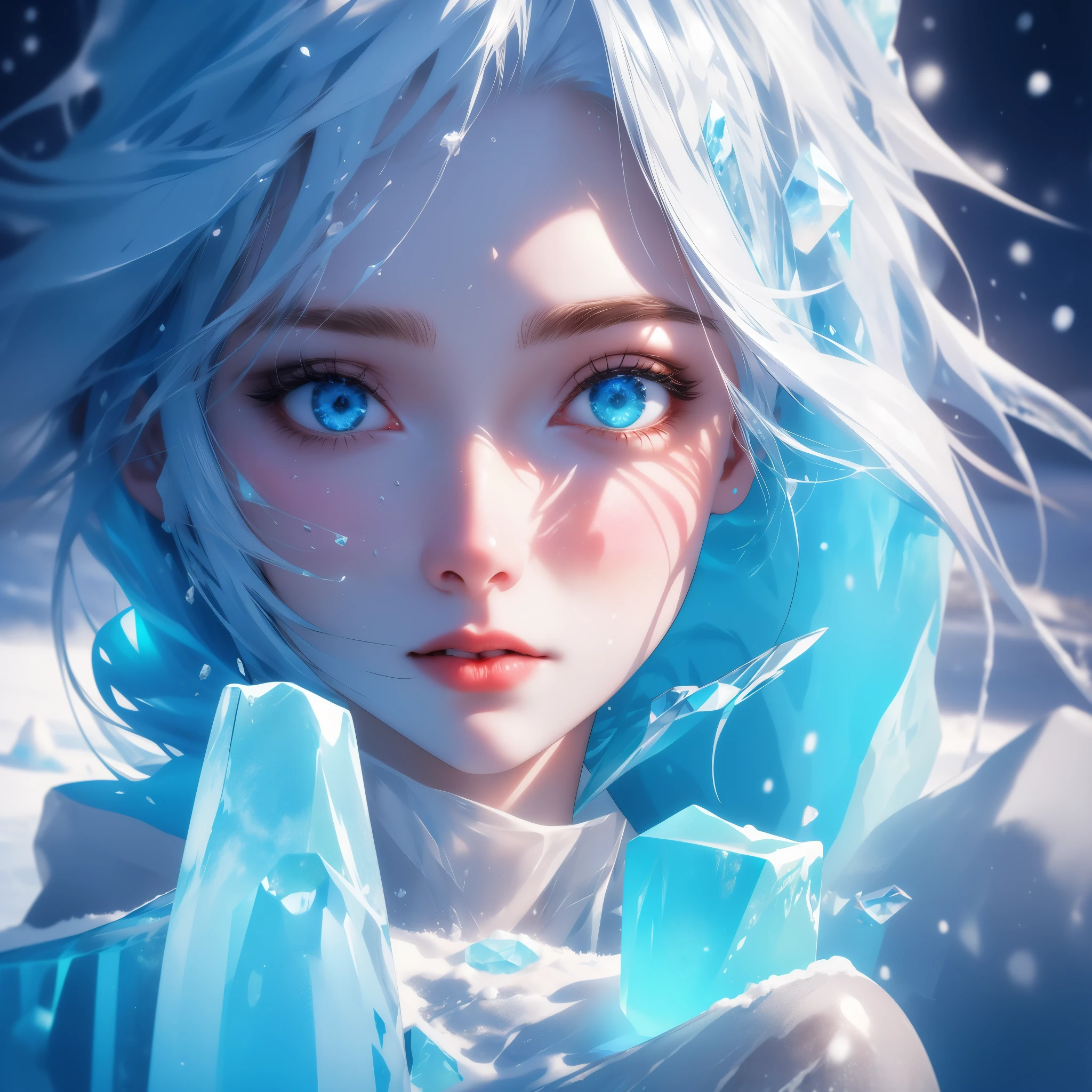 stunning, fine art, portrait, fantasy, ice goddess, frozen girl, girl trapped in ice, girl stuck in Iceland, funny facial expression, frozen face, ice sculpture, ice crystal, frosty, snow, icy landscape, blizzard, cold, winter, chilly, blue tint, cool colors, cinematic lighting, dramatic lighting
