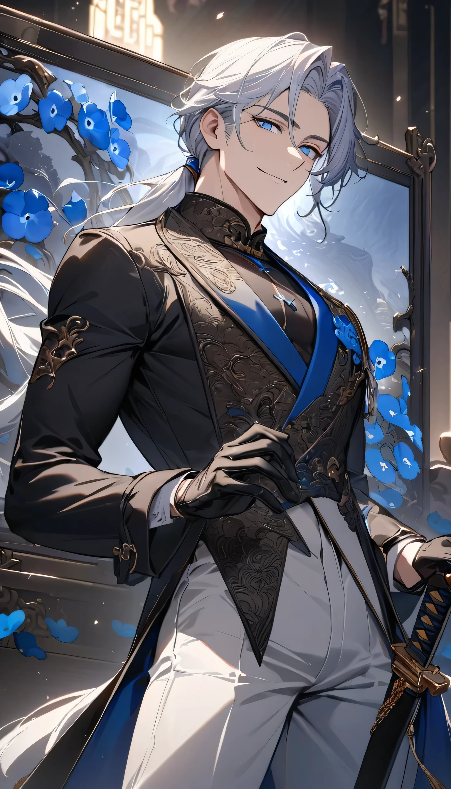 (masterpiece:1.5),Highest quality,(1 handsome man),alone,White medium length hair,Low Ponytail,(blue eyes), (A kind smile),elegant,Perfect Face,fantasy chinese style,Long black trench coat,white and blue cloth,Intricate clothing designs incorporating Chinese elements,Black Leather Gloves,White lining,White suit pants,Slightly muscular body,expensive,8K,Beautiful contrast of light and shadow,Dark luxury background,(Upper body),Positive face,((Nemophila)),Luxury Screen,He is holding the sheath of his sword in one hand.,noble