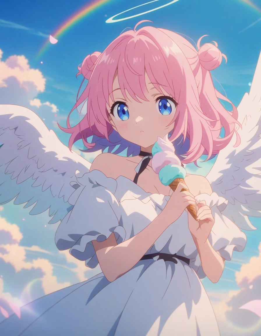 Pink hair and angel wings、Beautiful woman holding ice cream, Anime Style 4k, Fluffy pink cartoon cloud, Anime Art壁紙 4k, Anime Art