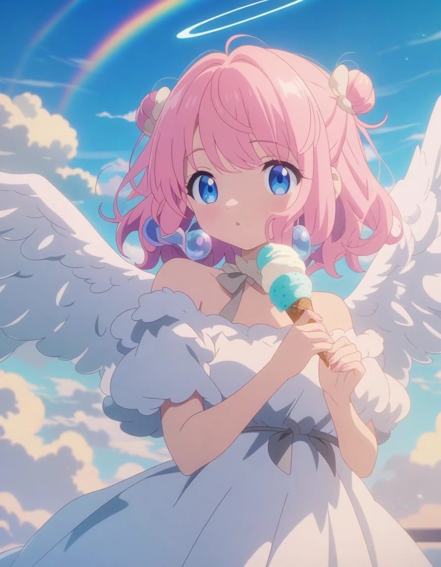 Pink hair and angel wings、Beautiful woman holding ice cream, Anime Style 4k, Fluffy pink cartoon cloud, Anime Art壁紙 4k, Anime Art