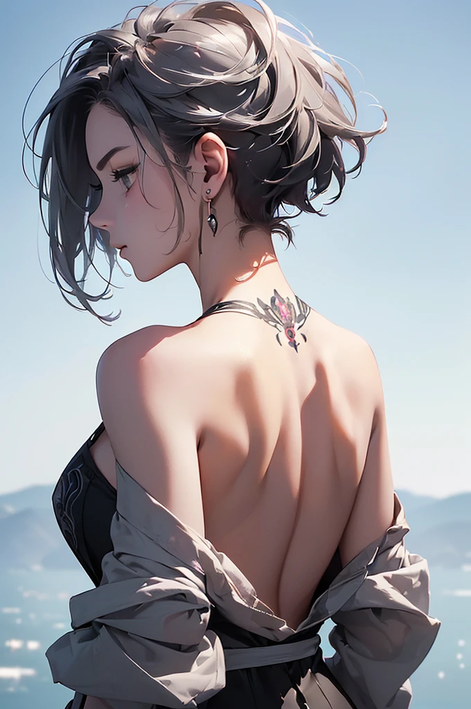 (Image from chest up:1.4)((masterpiece:1.5,Highest quality,Beautiful images、2.5D、Abstract、Artistic、Portraiture))(One girl, solo)(Medium chest, Gray Hair、Bob Hair、Beautiful cleavage、Expose your shoulders、Shoulder Tattoo)(profile、Look at an angle、shake your head、Sad look, Floating Hair)(モノトーンのArtisticな背景、Plain background:1.5)((from backside:1.5)),landscape